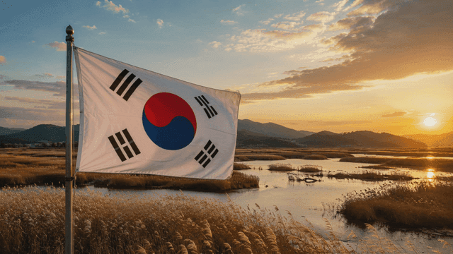 Korean flag waving at sunset over a serene landscape