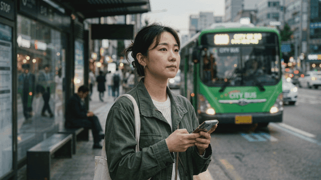 Woman holding cell phone while waiting at city bus stop