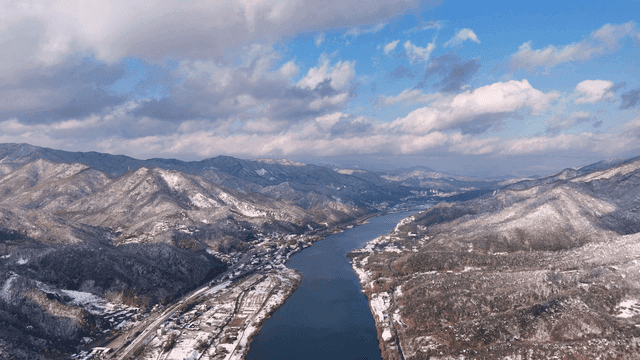 Snow-covered mountains and a winding river