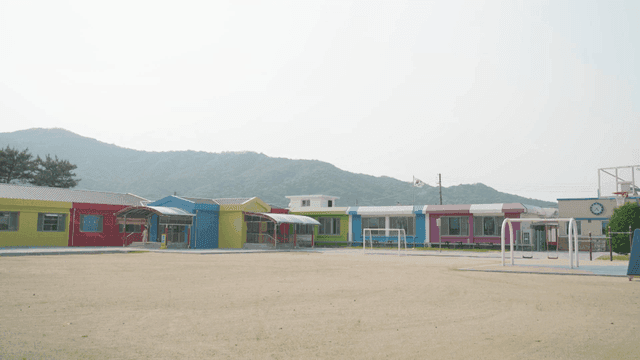 Colorful elementary school with playground