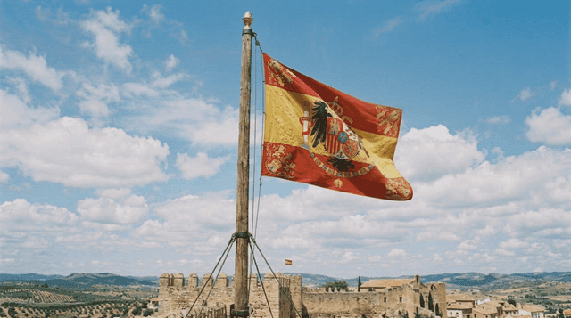 Spanish flag fluttering over historical landscape