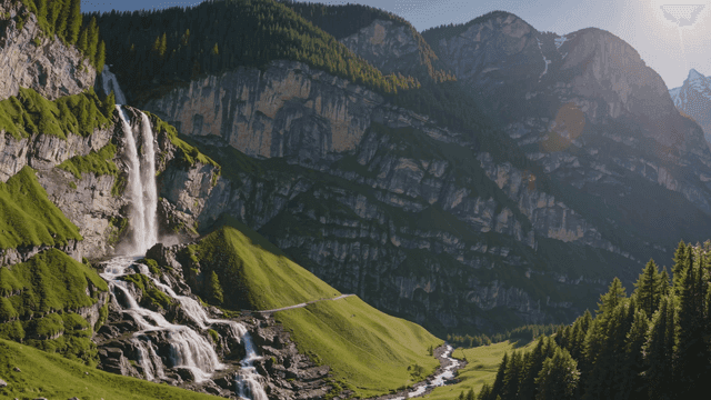 Majestic waterfall cascading down from mountain.
