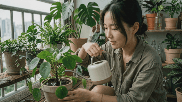 Woman watering potted plant