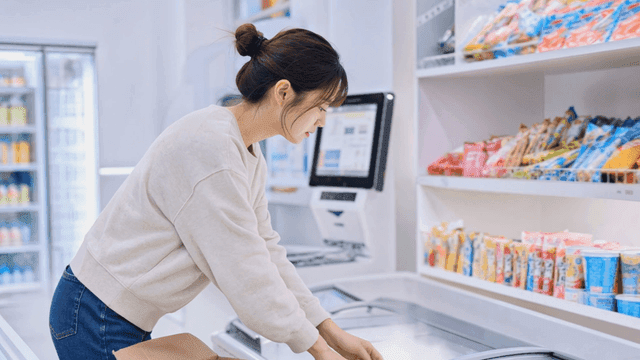 마트 냉동고에 아이스크림을 정리하는 여자