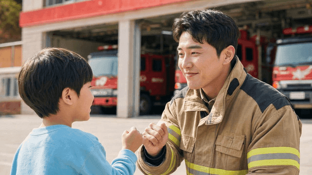 Firefighter and child making pinky promise