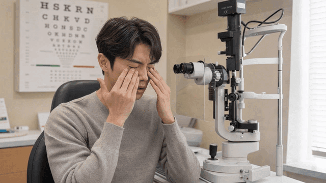 Man rubbing eyes in an eye clinic