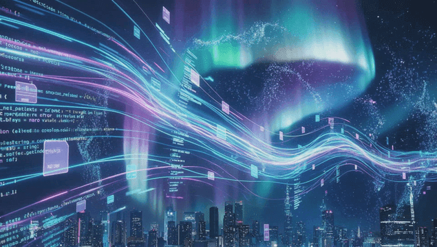 Digital data streams over a cityscape