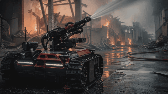 A firefighting robot extinguishing a blaze