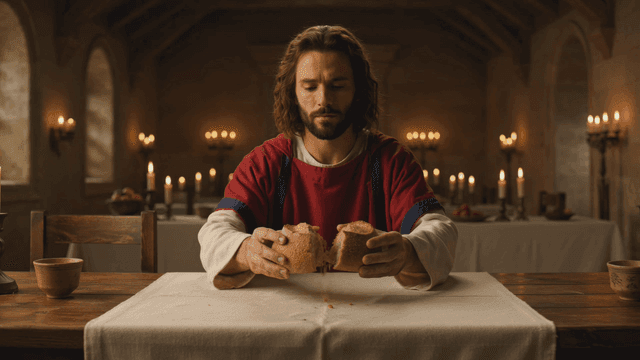 Jesus sharing bread at table