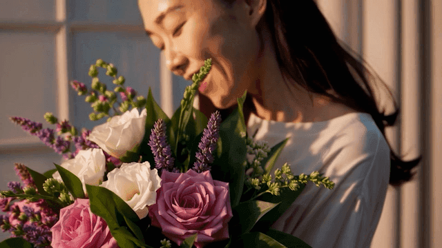 꽃다발을 든 채 미소짓는 여성