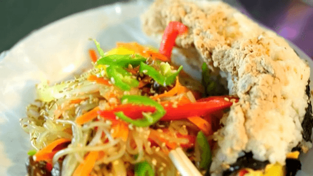 One plate of Gimbap and japchae