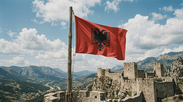 Historic castle with Albanian flag flying