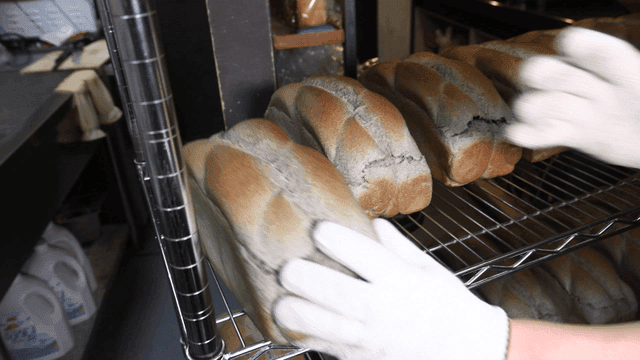 Freshly baked bread being placed on a rack
