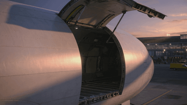 Cargo plane with its cargo compartment open in evening