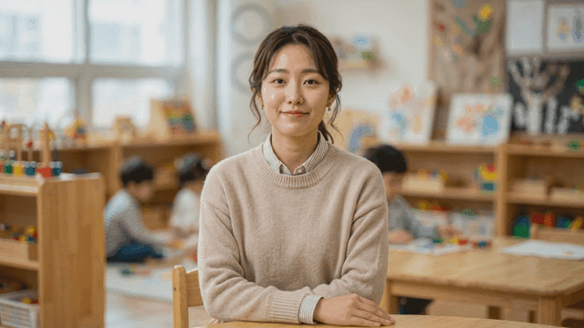 Smiling teacher in kindergarten classroom