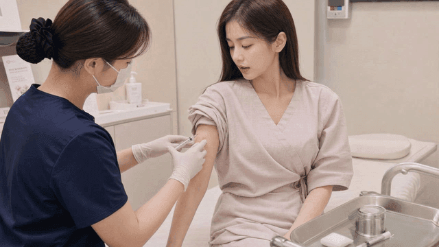 Nurse administering injection to patient