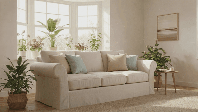 식물과 소파가 있는 밝은 거실