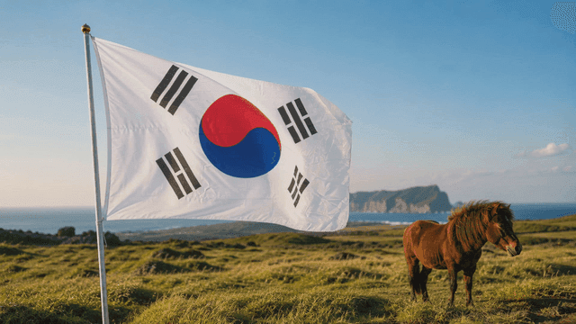 조랑말과 함께 풀밭에 휘날리는 태극기