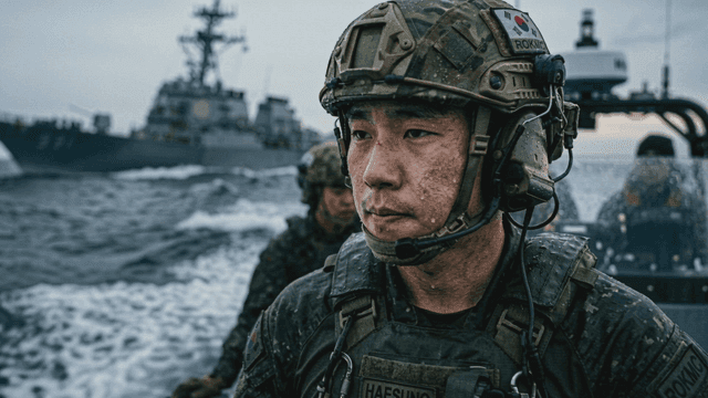 Military personnel on a boat in rough seas