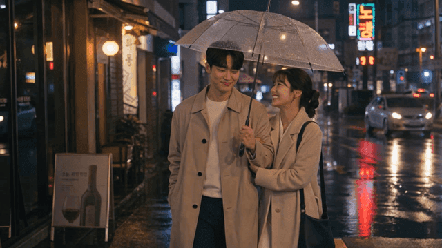 Couple walking together under umbrella on rainy night