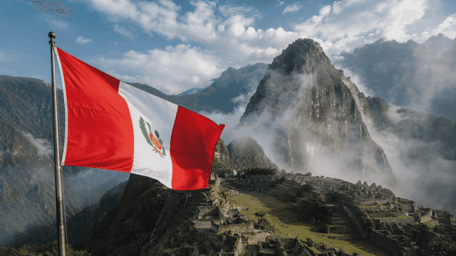 Peruvian flag is fluttering against backdrop of Machu Picchu.