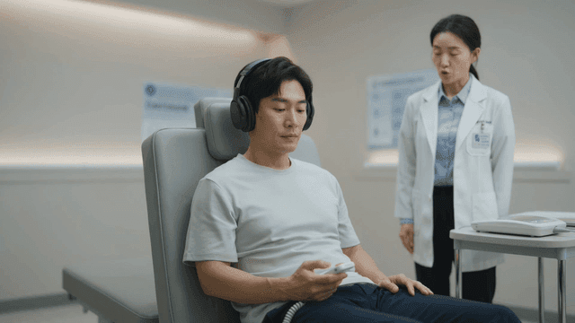 Patient wearing headphones at clinic