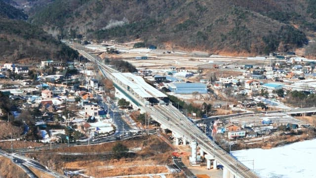 Aerial View of a Snowy Train Station in a Rural Town