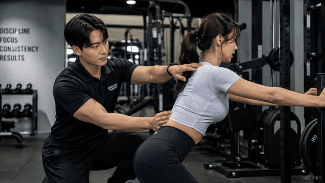 Fitness trainer correcting female members' posture