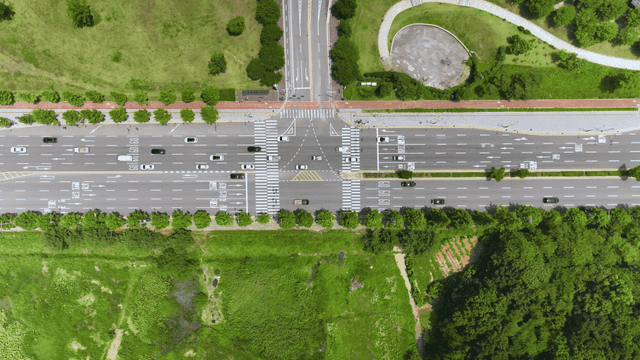 녹지로 둘러쌓인 번화한 교차로의 항공 뷰
