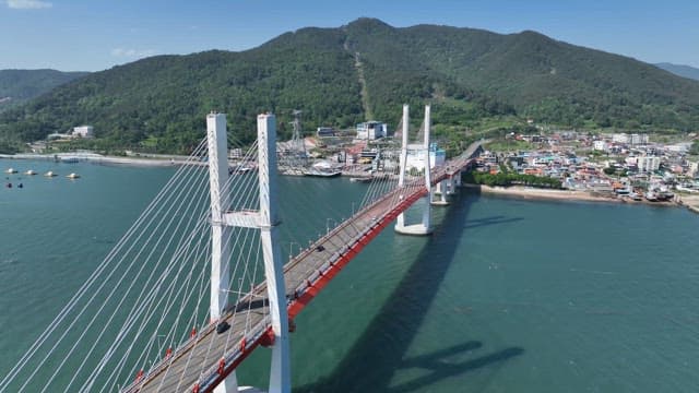 Bridge over a river with mountains in the background