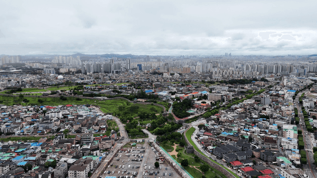 녹색 공원이 있는 광활한 도시 풍경