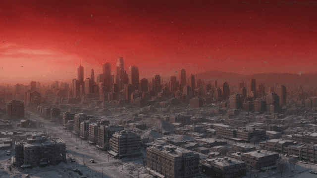 Snow-covered cityscape under a red sky