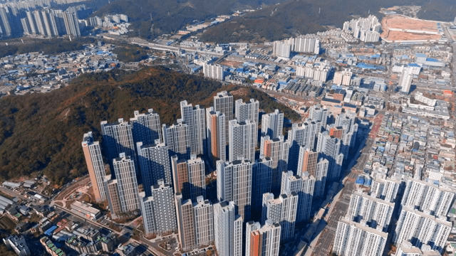 Aerial view of modern apartment buildings