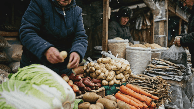 North Korean winter market where people buy vegetables