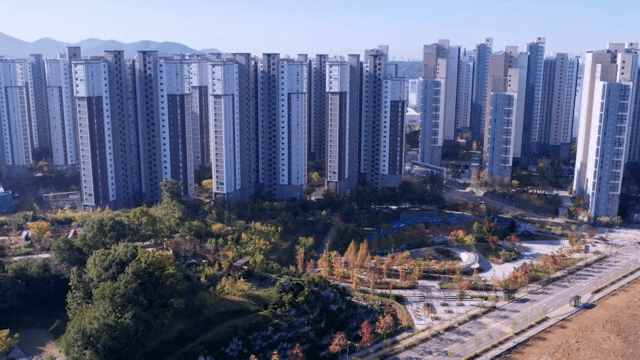 녹지가 있는 고층 아파트 건물