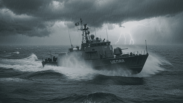 North Korean warships sailing through storm