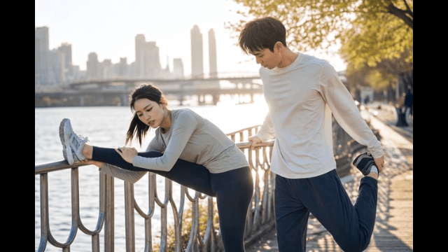 Two people stretching by the riverside