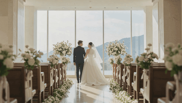 A couple walking down the aisle in a wedding hall