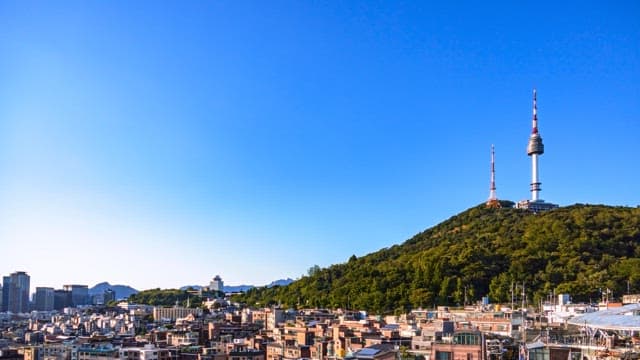 Cityscape with famous towers on a hillside from day to evening