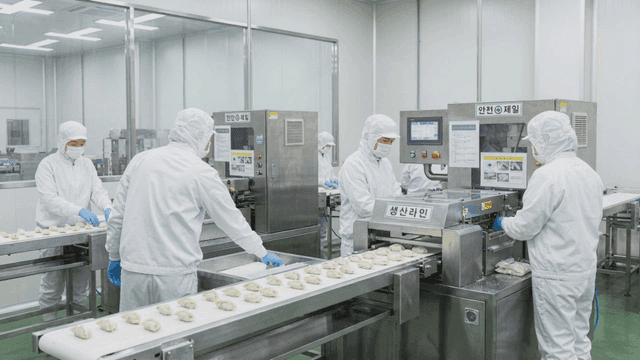 Workers in a food factory processing dumplings