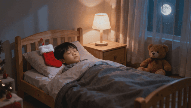Boy sleeping with stocking beside head on christmas eve