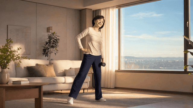 Elderly woman exercising in living room