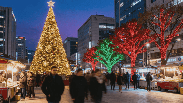 도심의 거대한 크리스마스 트리 조명과 시장 가판대를 구경하는 사람들