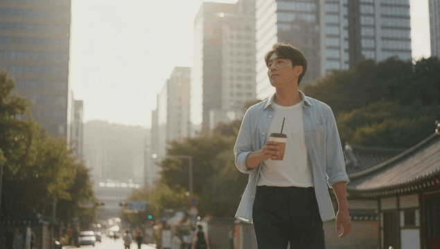 도시에서 커피를 들고 걷는 남자