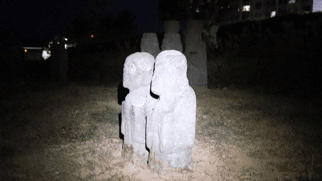 Stone statue seen at night in park
