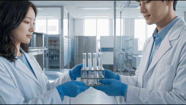 Scientists holding test tubes in laboratory