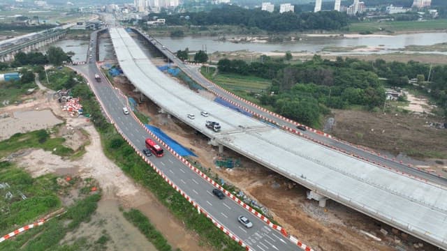 Aerial view of urban bridge construction