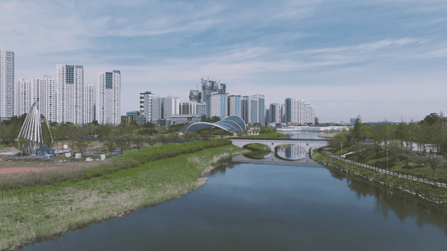 현대 도시 배경의 평온한 호수 공원