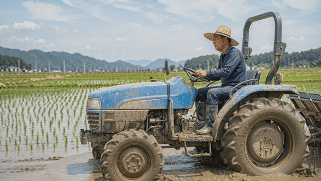 Farmer driving tractor in rice field