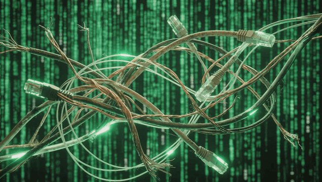 디지털 코드와 얽힌 네트워크 케이블